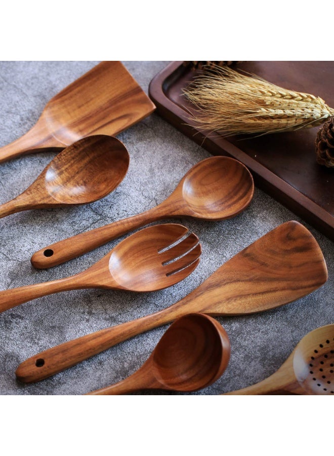 Wooden Non-Stick Kitchen Pan Toolset 7 Pieces Set,100% Natural Teak Kitchen Utensils Spatula, Wooden Cooking Utensils Spoons, Fried Spatula and Salad Fork - Image 4